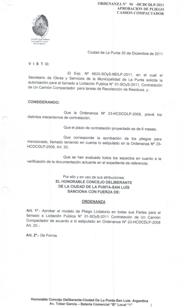 thumbnail of ORDENANZA N°96-NO VIGENTE-HCDCDLP-2011- APROBACION DE PLIEGO CAMION COMPACTADOR
