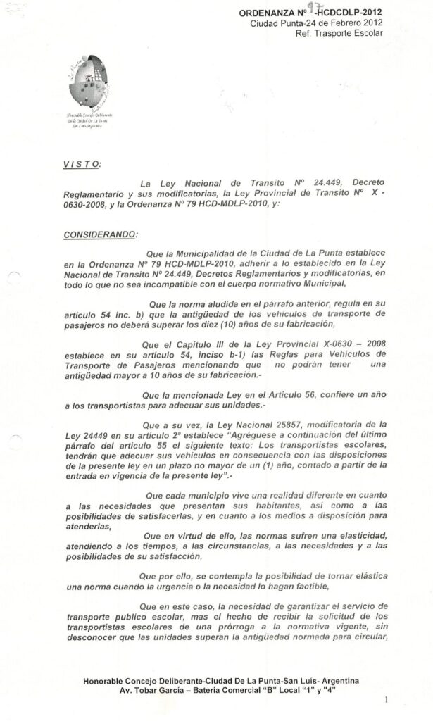 thumbnail of ORDENANZA N°97-VIGENTE-HCDCDLP-2012- Ref.TRANSPORTE ESCOLAR