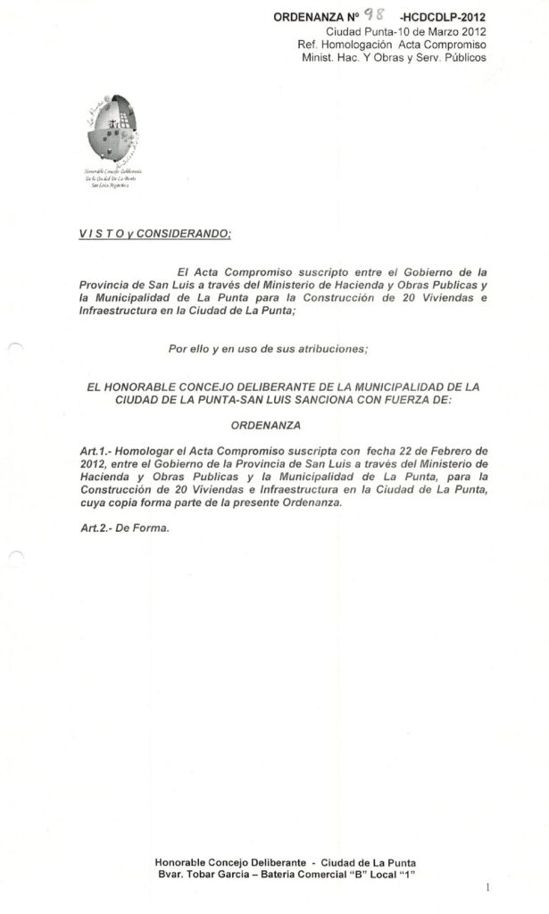 thumbnail of ORDENANZA N°98-NO VIGENTE-HCDCDLP-2012- Ref. HOMOLOGACION ACTA COMPROMISO MINIST. HACIENDA Y OBRAS Y SERV. PUBLICOS