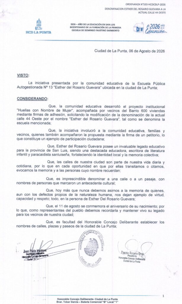 thumbnail of ORDENANZA N°550-VIGENTE-HCDCDLP-2026- DENOMINACION ESTHER GUEVARA A LA ACTUAL CALLE 44 OESTE.
