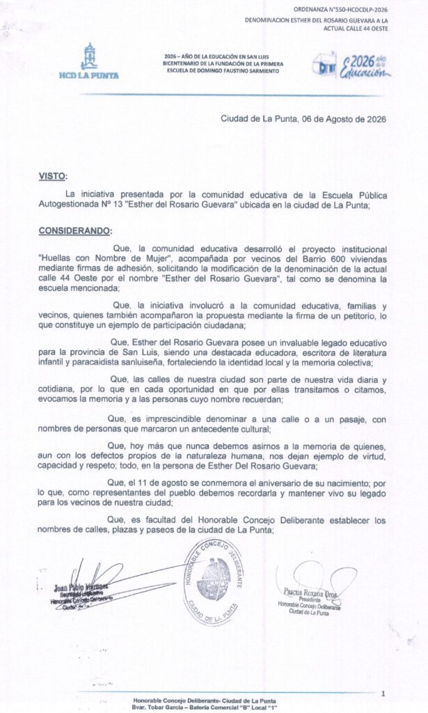thumbnail of ORDENANZA N°550-HCDCDLP-2026 DENOMINACION ESTHER DEL ROSARIO GUEVARA A LA ACTUAL CALLE 44 OESTE