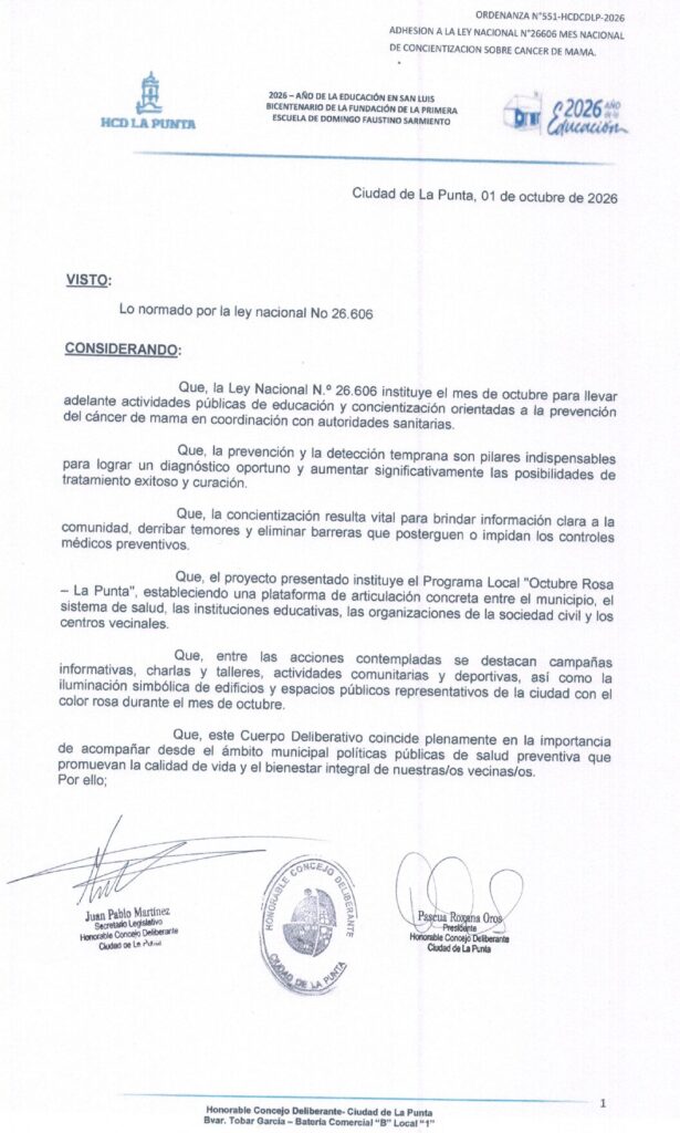 thumbnail of ORDENANZA N°551-HCDCDLP-26 ADHESION A LA LEY NACIONAL N°26606 MES NACIONAL DE CONCIENTIZACION SOBRE CANSER DE MAMA.